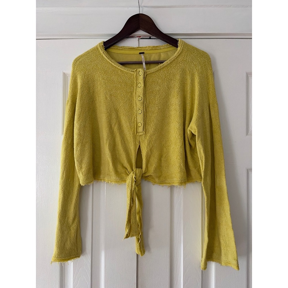 Free People Emma's Yellow‎ Tie Front Henley Long Sleeve Textured Knit Top XS
